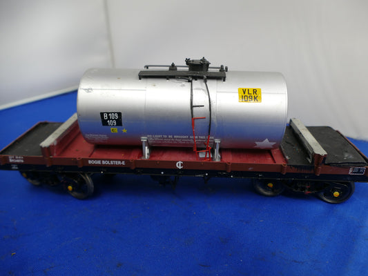 "O" Gauge Silver Tanker on Bogie Flatbed (used)