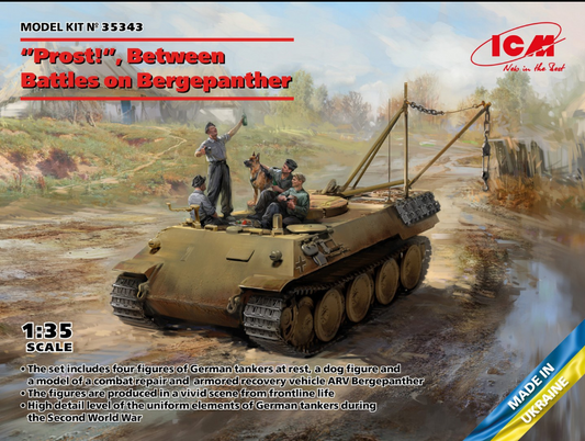 "Prost!", Between Battles on Bergepanther (ARV Bergepanther with 4 Figures & Dog) ICM35343