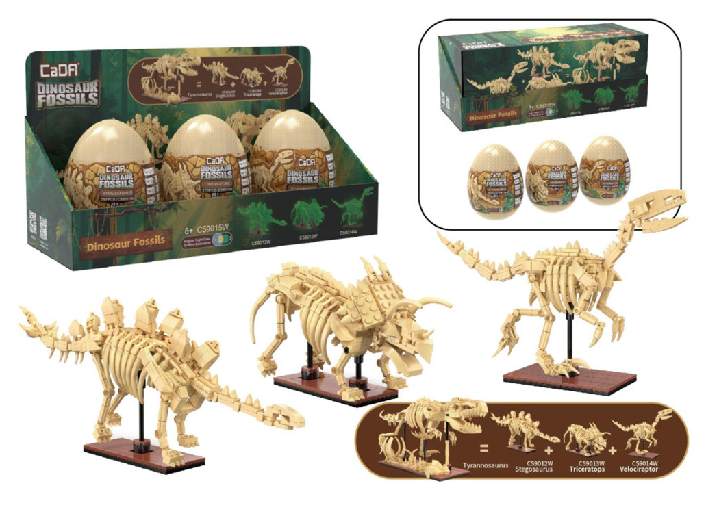 Tray of 3 Dinosaur Eggs with Stegosaurus, Triceratops & Velociraptor
