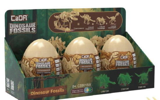 Tray of 3 Dinosaur Eggs with Stegosaurus, Triceratops & Velociraptor