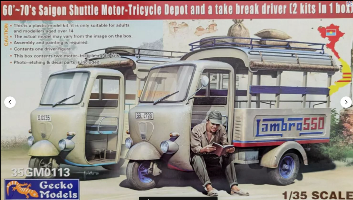 Gecko Models 35GM0113 – 1:35 2x 60′-70’s Saigon Shuttle Motor-Tricycle + Figure